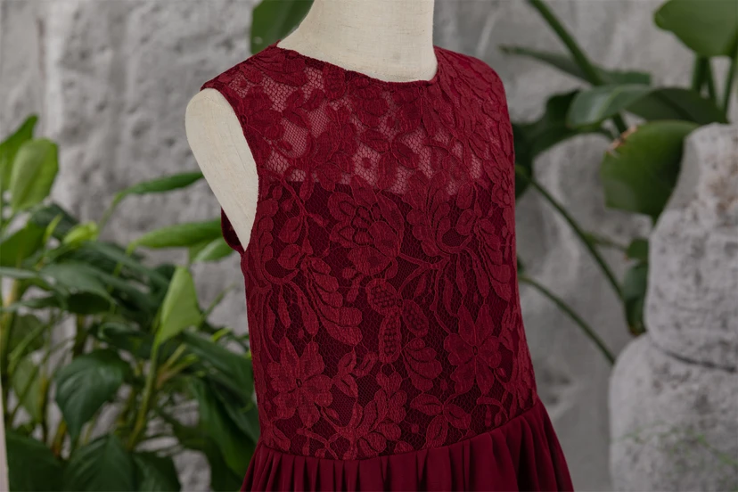 Lace Burgundy Chiffon Floor-length Sleeveless Flowergirl Dress view 8