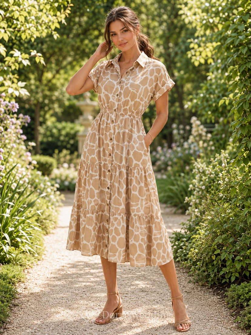 Light Giraffe Print Button Front Shirt A-Line Midi Dress