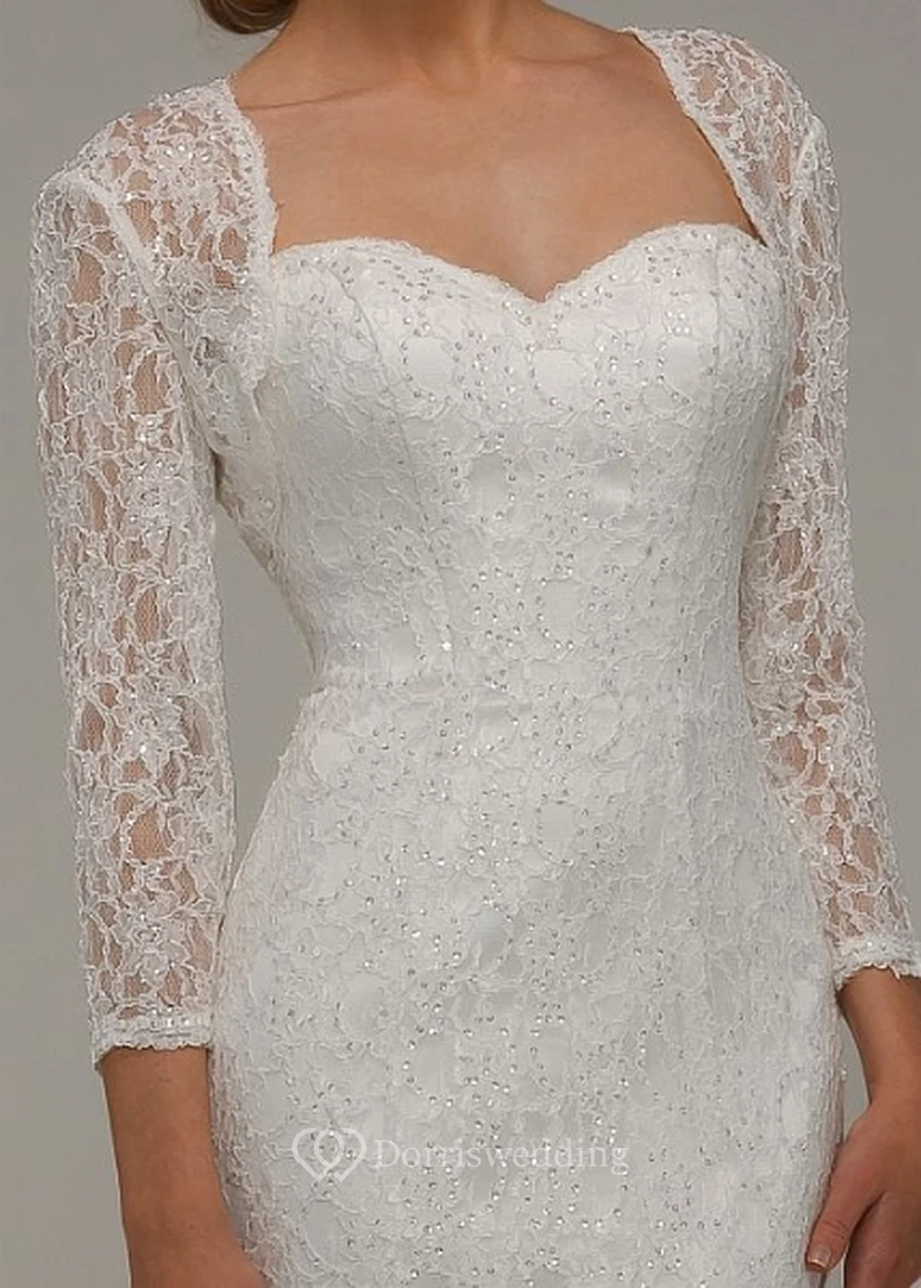 Long Sweetheart Beaded Long-Sleeve Lace Wedding Dress view 7