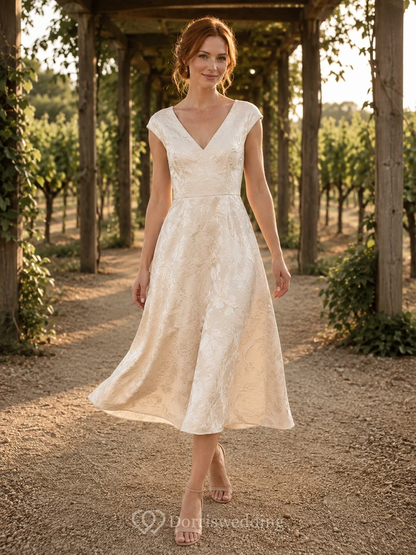 Robe de mariée vintage en dentelle et tulle, coupe trapèze, col rond, manches courtes, longueur thé.