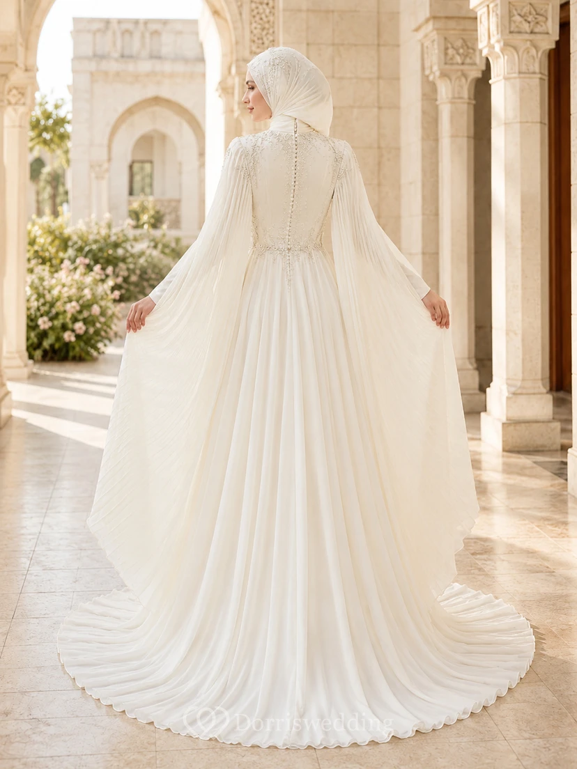 Vestido de novia musulmán de gasa plisada con mangas tipo capa y cuello alto, corte en A view 2