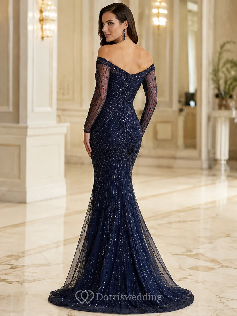 Navy Off Shoulder Long Sleeve Sequined Mermaid Evening Dress view 2