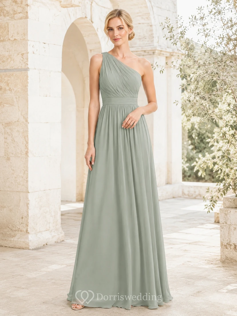 Sage one shoulder pleated chiffon A-line floor gown