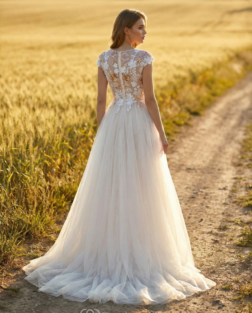 Robe de mariée en tulle à manches courtes, ornée d'appliqués floraux 3D et de détails dorés view 2