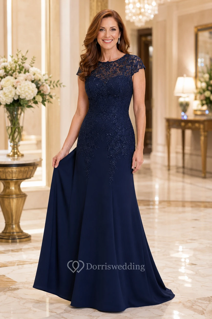 MOB Kleid Dunkelblaues Chiffon-Spitzen-Meerjungfrauenkleid mit kurzen Ärmeln und U-Boot-Ausschnitt, bodenlang