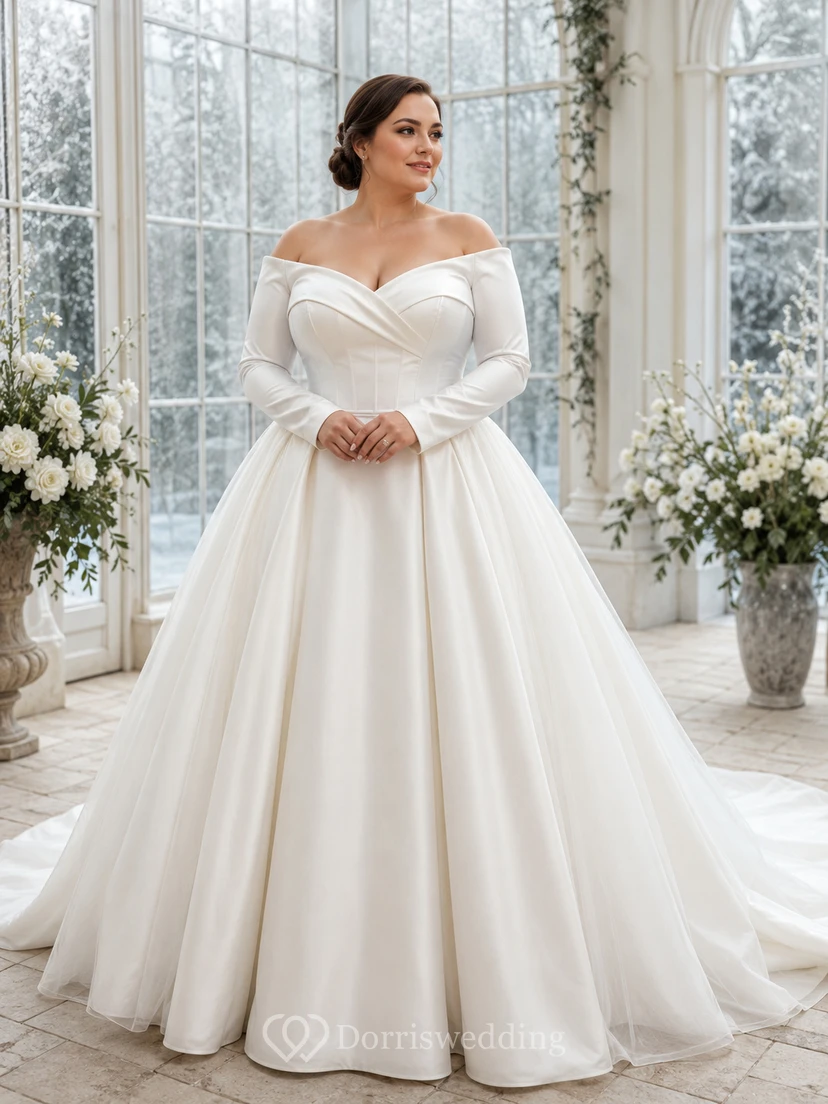 Plus Size schulterfreies, langärmeliges Satin-Ballkleid im Kathedralenstil für Winterhochzeiten