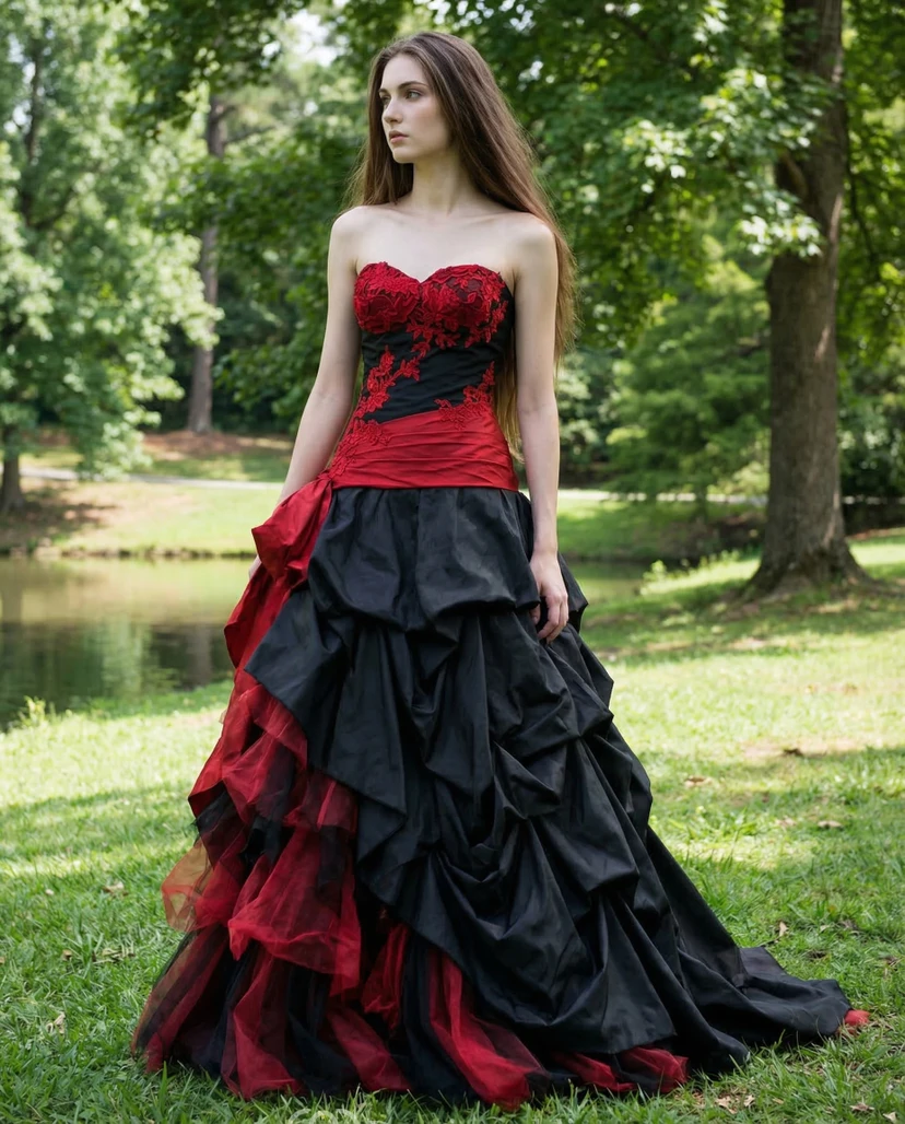 Robe de mariée gothique en taffetas noir et rouge