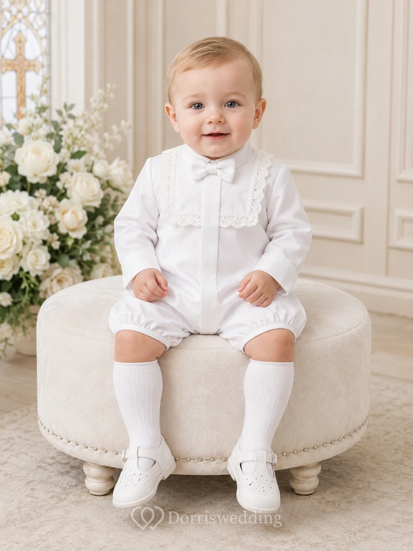 White Lace Ruffle Bib Long Sleeve Christening Bubble Romper for Baby Boy