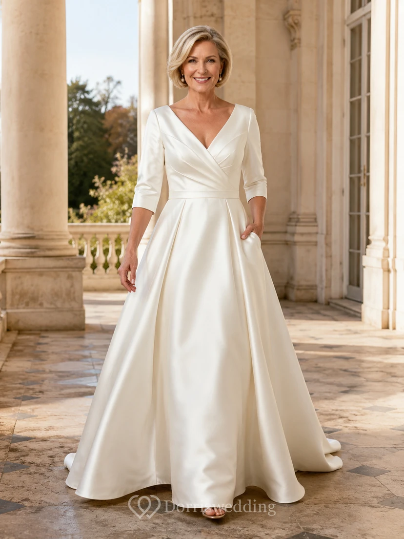 Elegant Modest V-Neck Three Quarter Sleeve Satin A-Line Court Train Wedding Dress