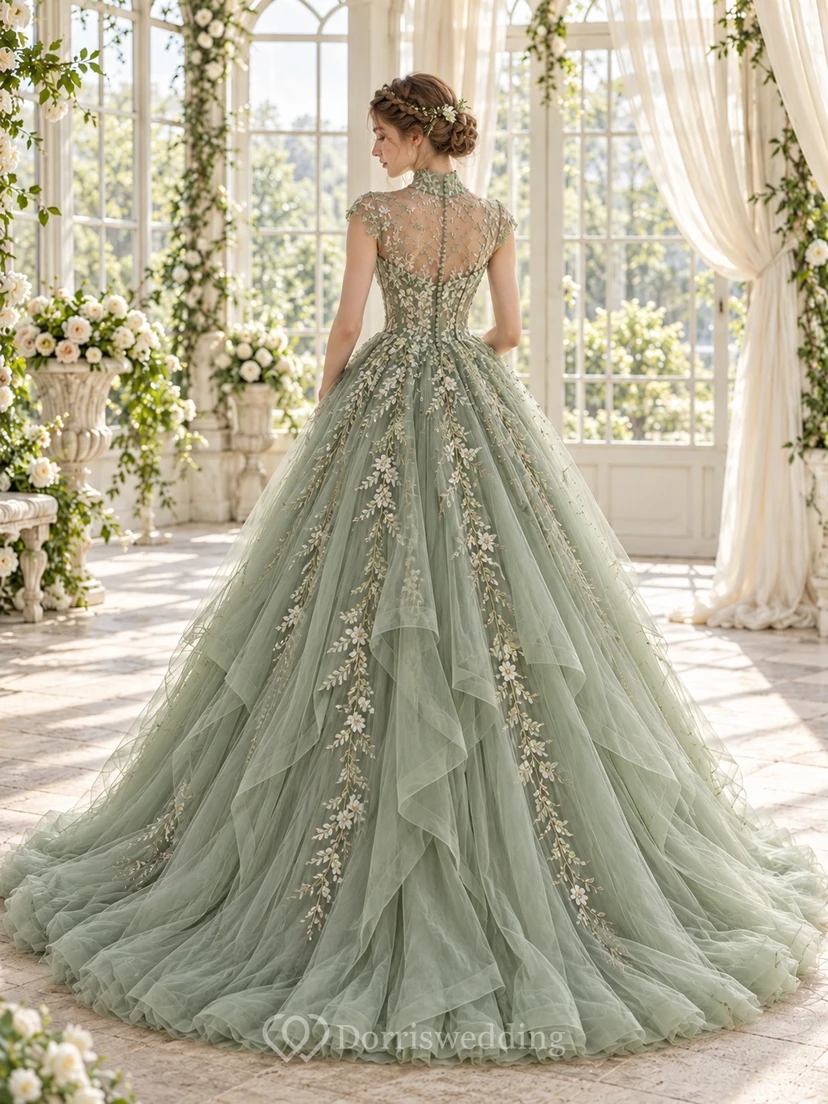 Sage Green High Neck Cap Sleeve Layered Tulle Wedding Dress view 2