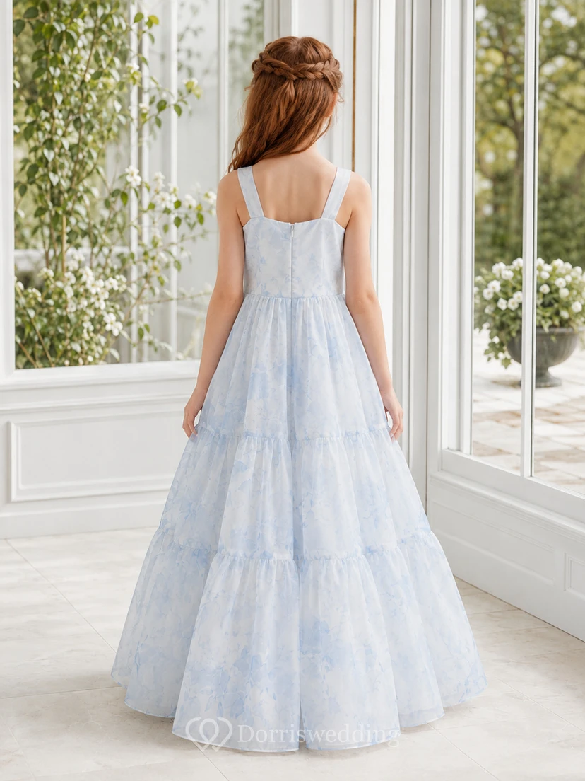Vestido de niña de flores con volantes y estampado acuarela, de organza, corte en A, sin mangas, escote cuadrado, largo hasta el suelo, falda escalonada con detalle de volantes. view 2