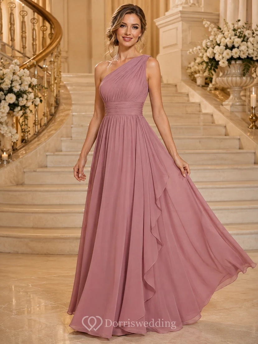 Dusty Rose Chiffon One-shoulder Sleeveless A-Line Evening Gown