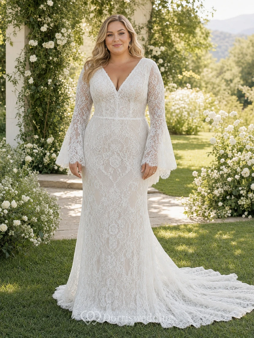Vestido de novia bohemio de encaje, corte recto, escote en V, mangas largas acampanadas y cola. view 7