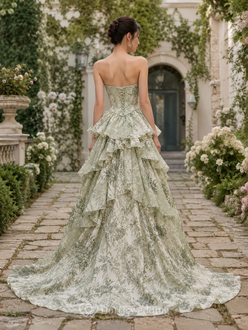 Organza-Abendkleid in Salbeigrün, trägerlos, bodenlang, mit Herzausschnitt, Blumenmuster und Stufen view 2