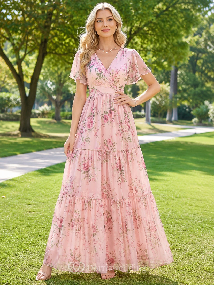 Pink floral V-neck flutter sleeve tiered park maxi dress