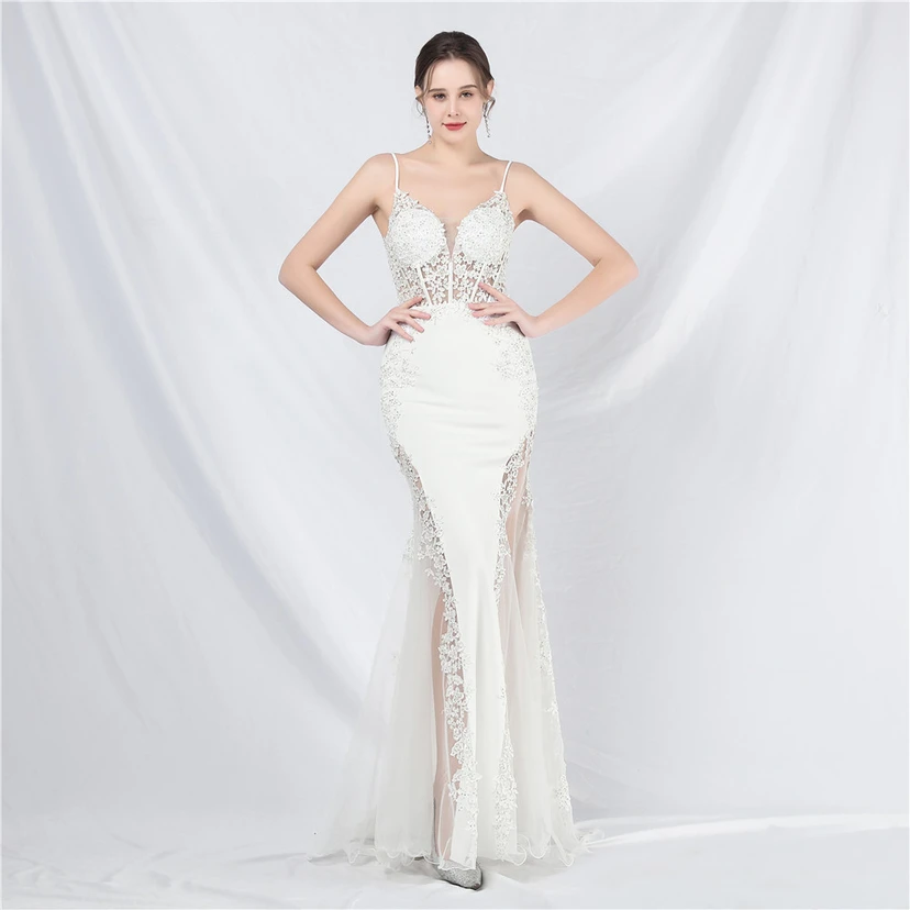 Spitzen-Abendkleid mit heißer Diamant- und Fischgrätenmuster-Weste, tiefem Taillenausschnitt, schulterfreiem Design und kurzer Schleppe view 82
