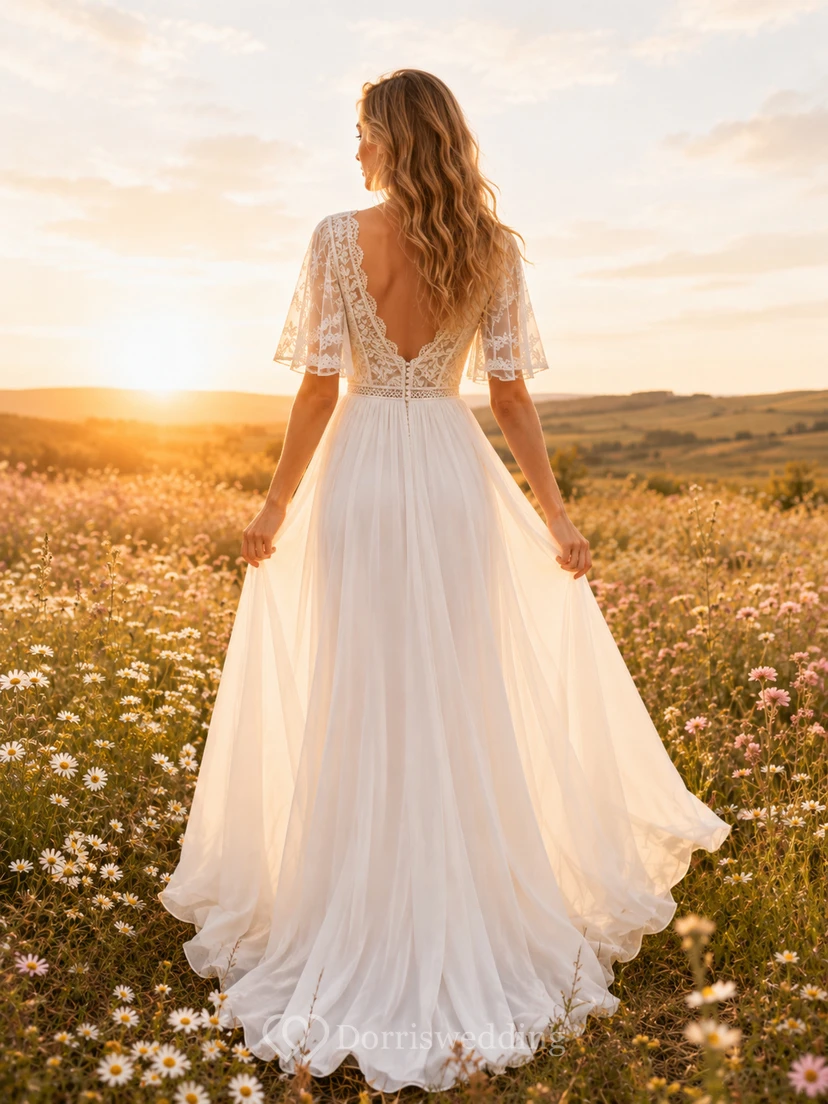 Boho V-Neck Flutter Sleeve Chiffon Country Wedding Dress view 2