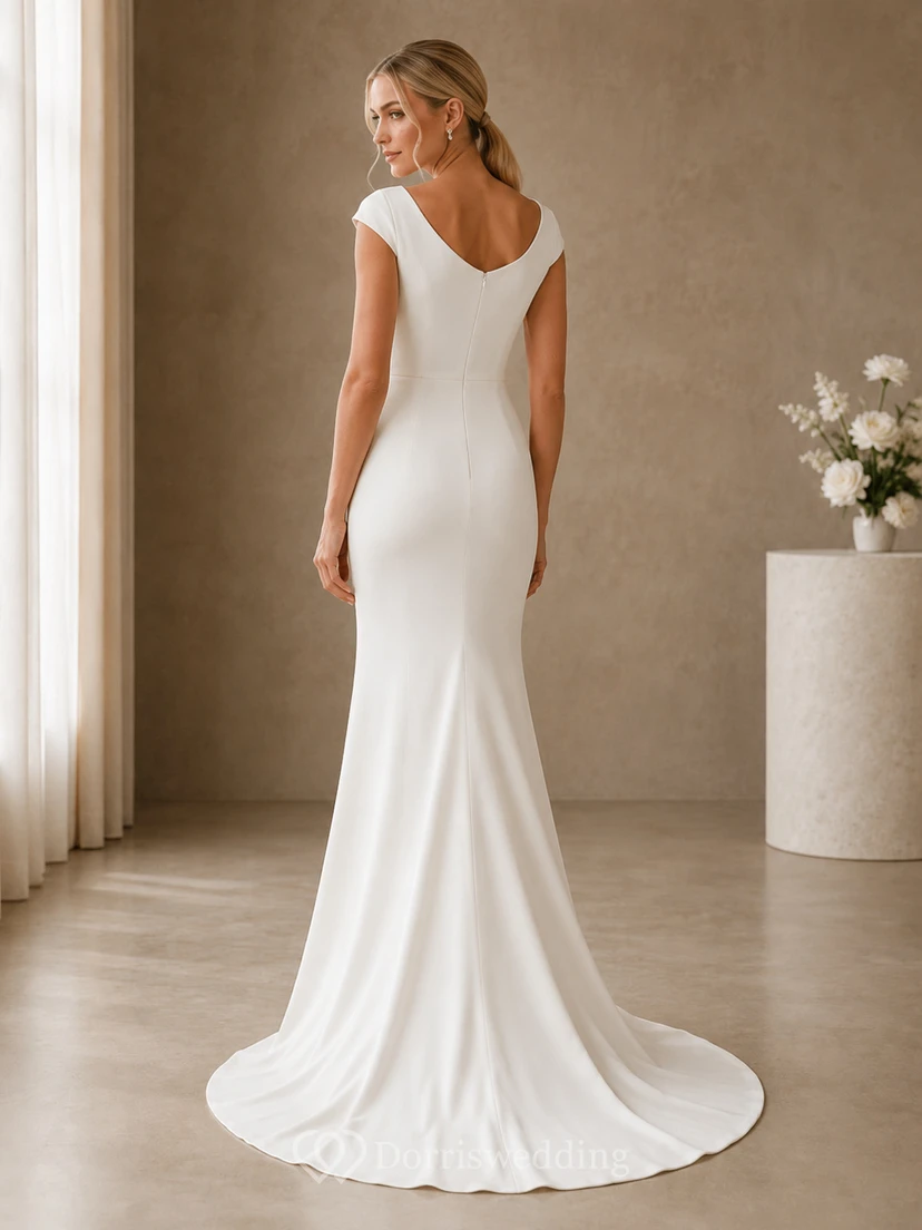Elegant Bateau Cap Sleeve Satin Mermaid Low V Back Sweep Wedding Dress view 2