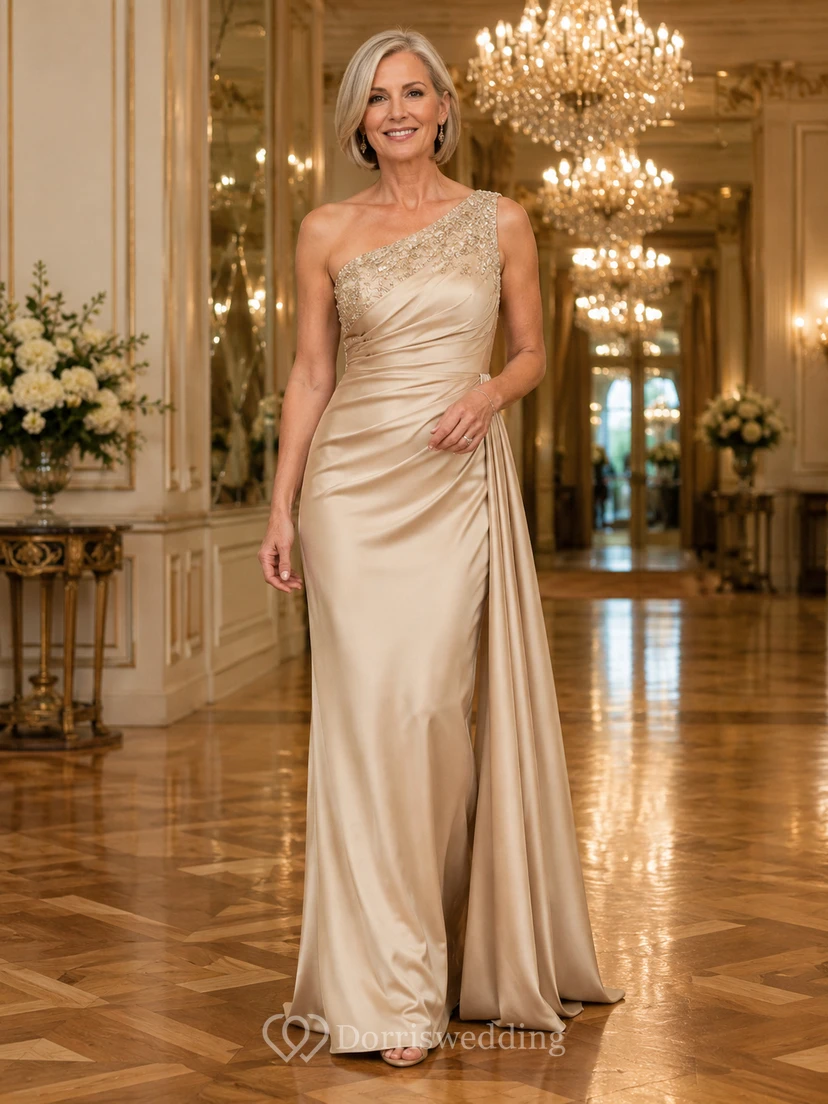 Champagnerfarbenes, modernes, ärmelloses, gerafftes Satin-Etuikleid mit One-Shoulder und Schleppe – ein luxuriöses Abendkleid für die Mutter der Braut im Hotel.