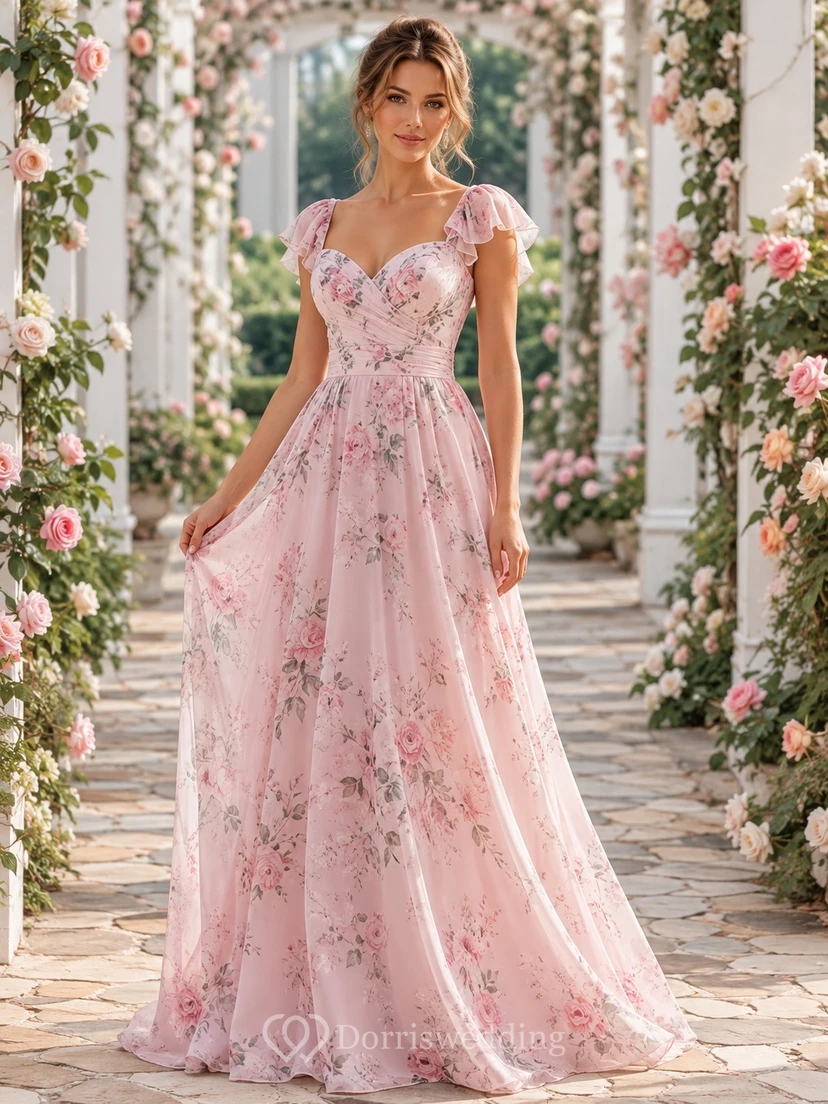 Blush Floral Sweetheart Petal Sleeve Chiffon Floor Length Garden Guest Gown