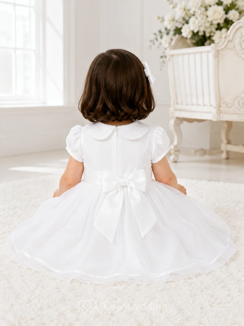 Rounded Collar Baptism Dress A-Line Cotton Tulle Short Sleeve Knee-Length Bow Back Full Skirt view 2