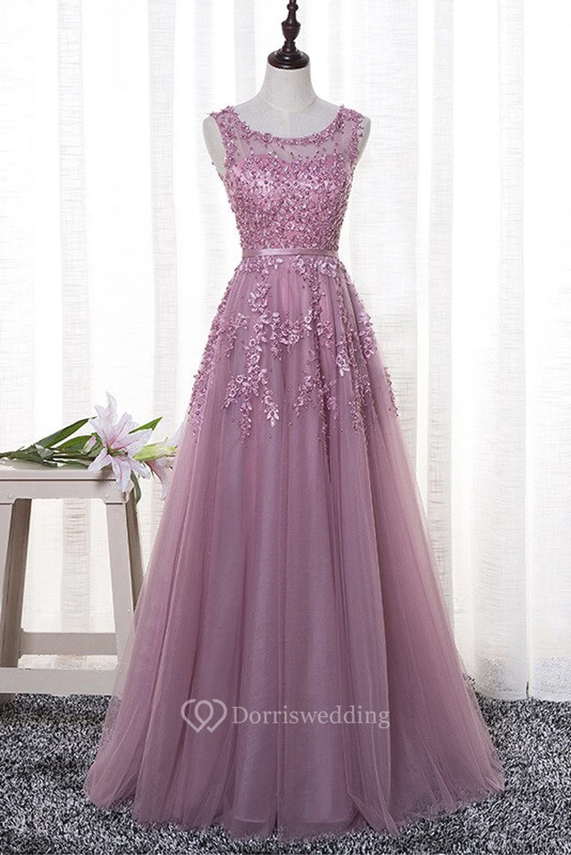 Romantic Bateau Sleeveless Tulle Floor-length Dress With Floral Appliques And Beading