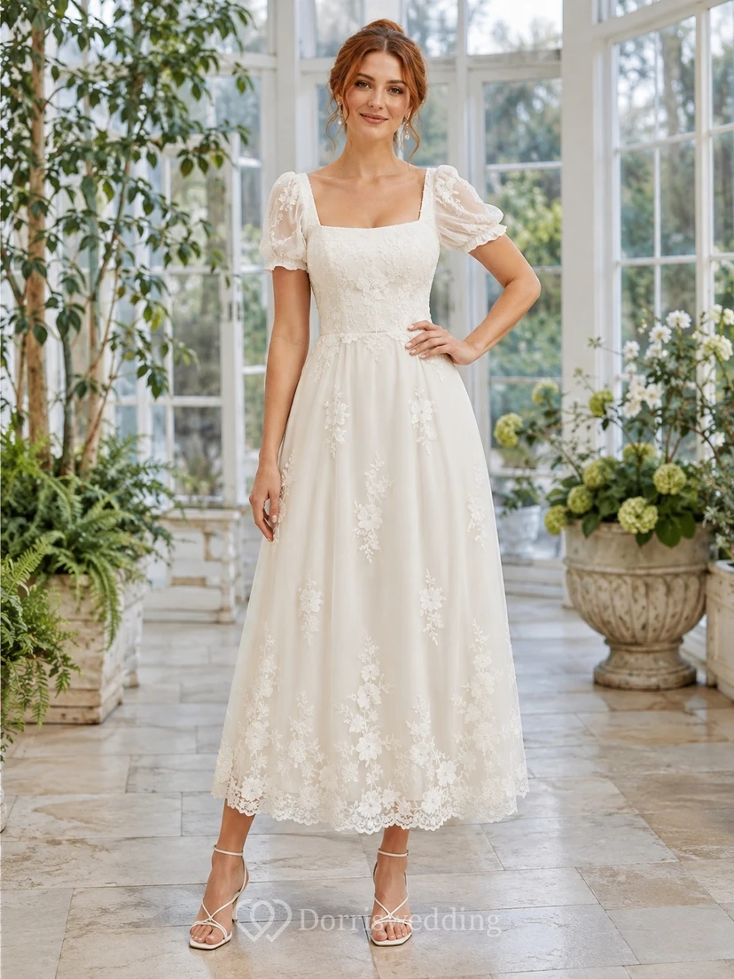 Bohemian Square Neck Puff Sleeve Floral Lace A-Line Tea-length Civil Bridal Dress