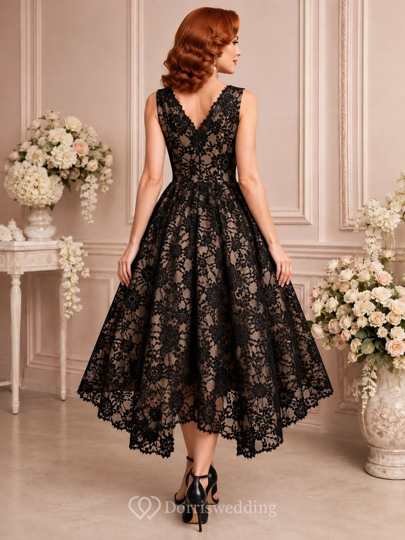 Black Gold V-Neck Sleeveless Floral Lace A-Line High-Low Cocktail Dress view 2