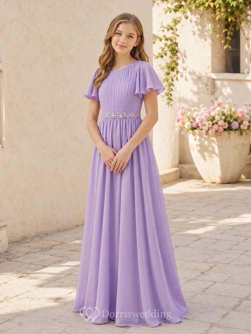 Lavendelfarbenes Brautjungfernkleid für junge Damen, A-Linie, Rundhalsausschnitt, kurze Ärmel, Chiffon, perlenbesetzte Taille, elegant