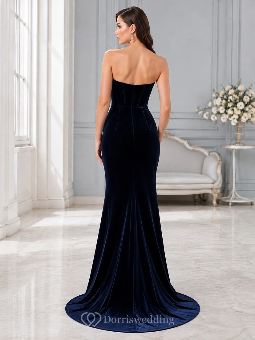 Ink Navy Modern Velvet Strapless Sweetheart Sheath Evening Gown view 2
