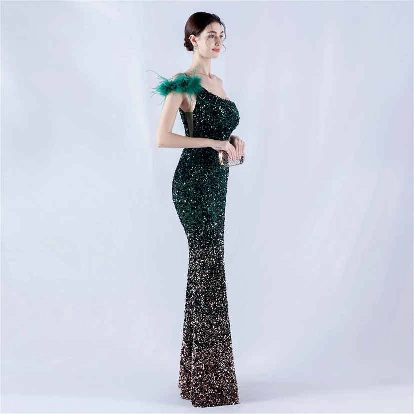 Gradient Velvet Bottom Sequins Craft Beading Ostrich Hair One-Shoulder Oblique Collar High-Slit Evening Dress view 60