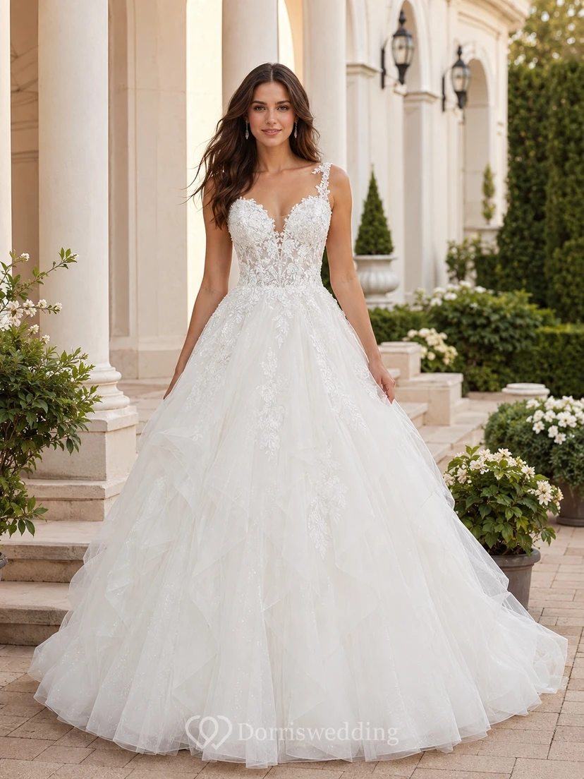 Spaghetti-Strap Sleeveless Lace Tulle Ball-Gown Floor-length Cathedral Train Romantic Bridal Gown