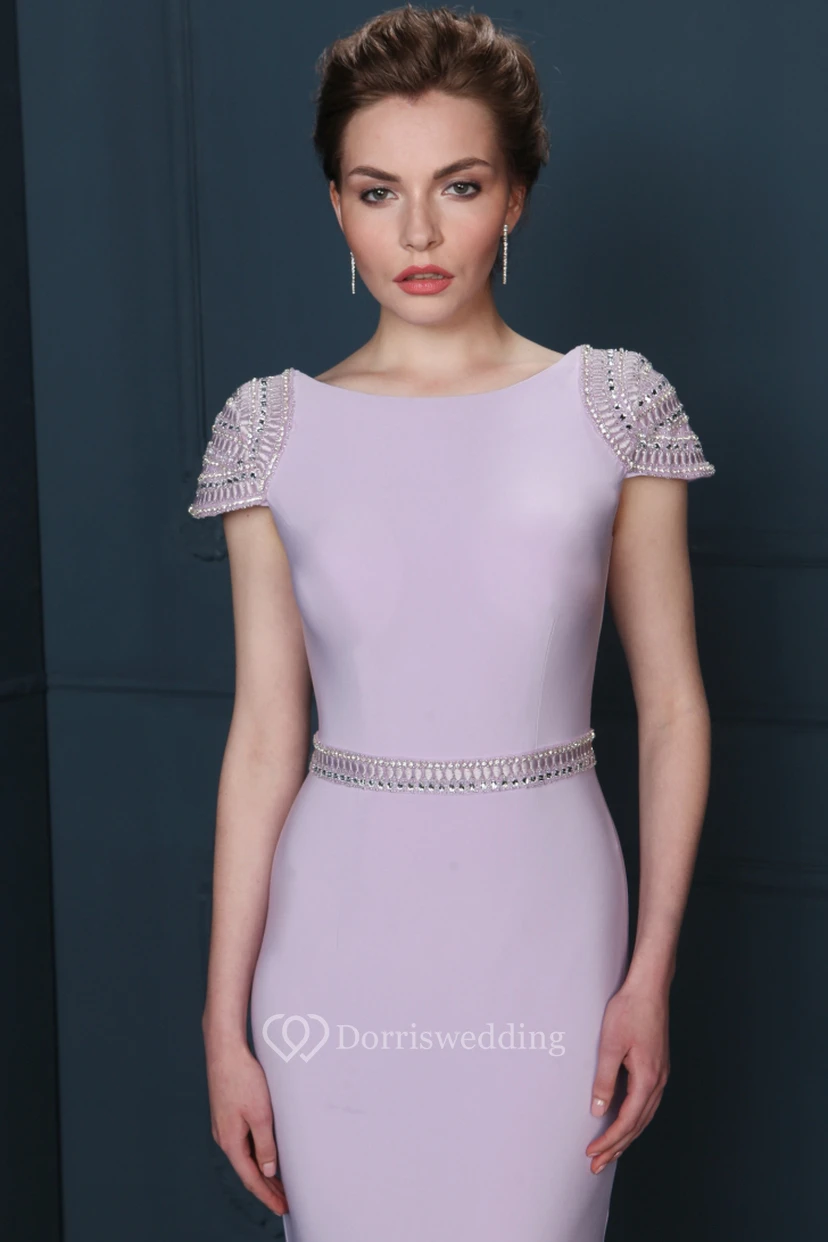 Sheath Beaded Floor-Length Jewel-Neck Cap-Sleeve Jersey Evening Dress With Waist Jewellery view 4