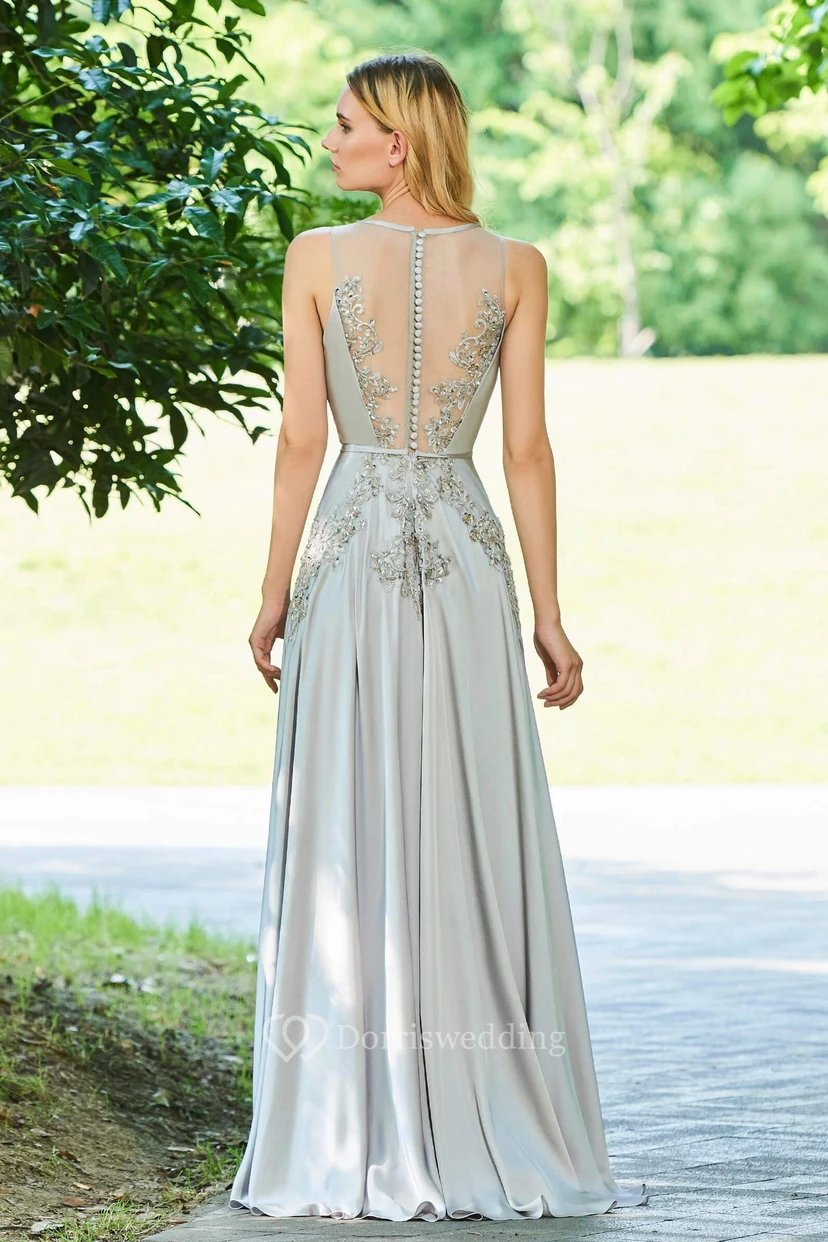 Elegantes, ärmelloses Chiffon-Abendkleid mit Knopfleiste am Rücken und Perlenstickerei view 2