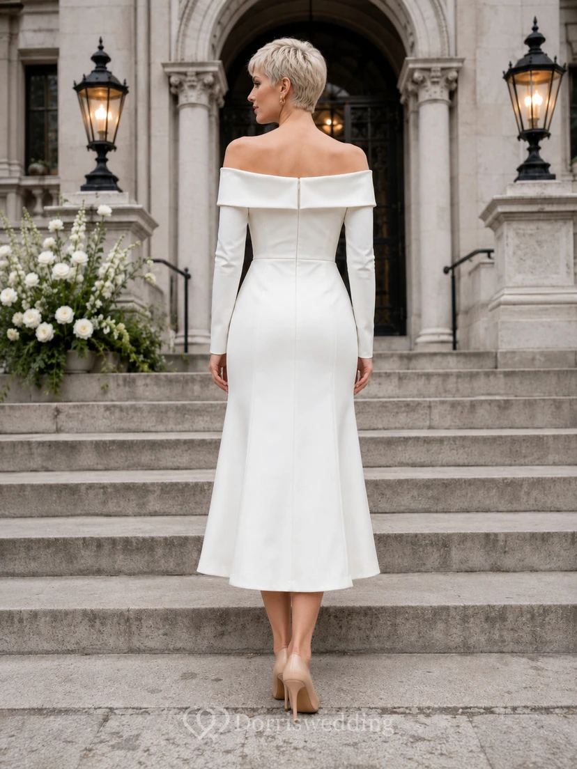 Robe midi en satin à épaules dénudées et manches longues, style hôtel de ville view 2
