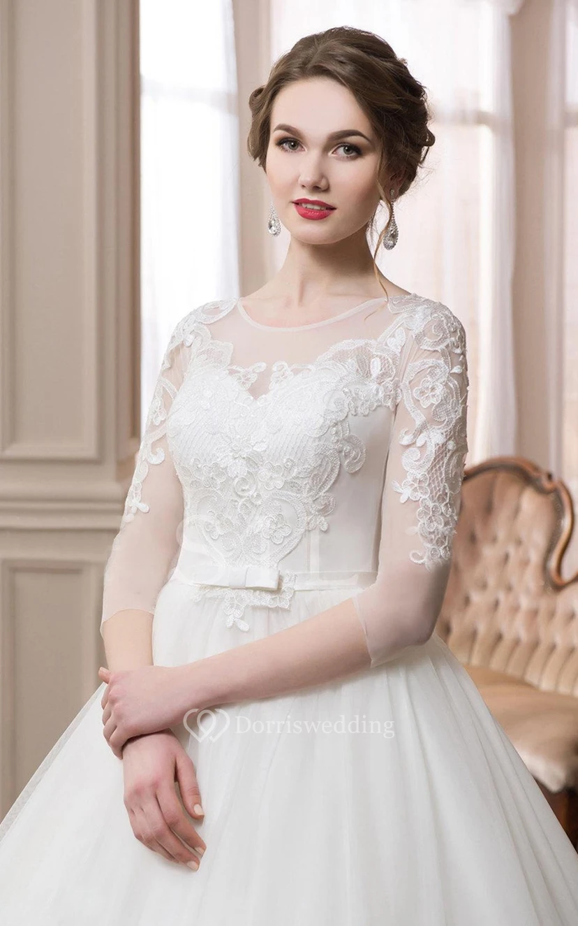 Ballkleid mit langem, schulterfreiem Ausschnitt und Illusionsärmeln view 3