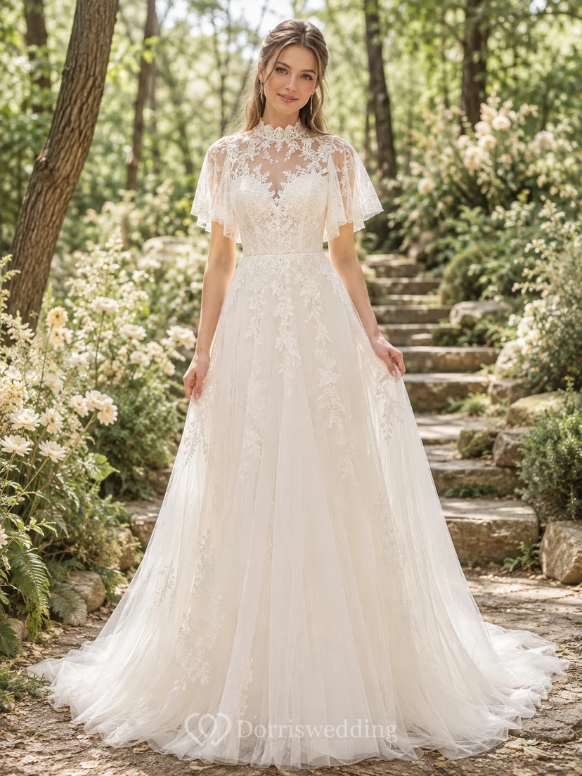 Robe de mariée bohème longue en tulle et dentelle, col montant illusion, manches courtes, coupe trapèze, style bateau, inspirée des bois