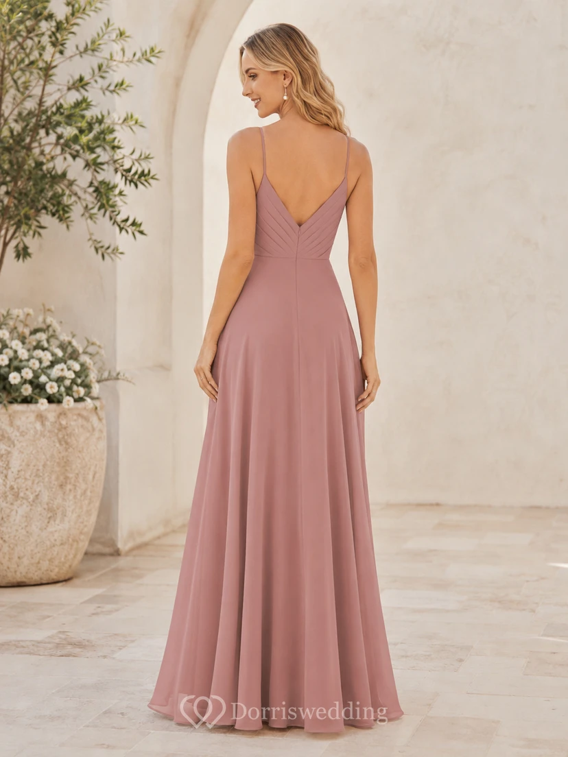 Dusty rose spaghetti strap slit chiffon floor length dress view 2