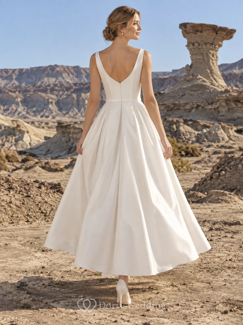 Vestido de novia sencillo de tafetán, corte en A, sin mangas, con escote barco y falda plisada, hasta la rodilla. view 2