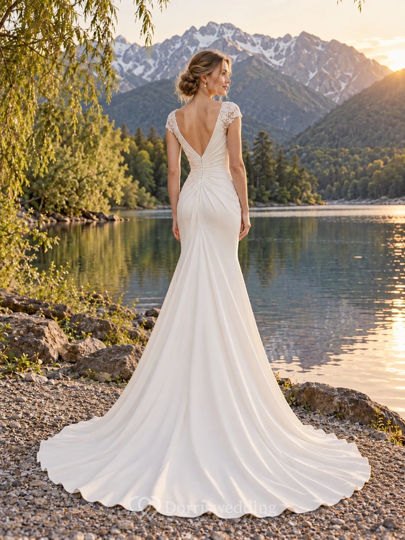 Schlichtes Brautkleid im Meerjungfrauenstil mit V-Ausschnitt, kurzen Ärmeln und Drapierung view 2