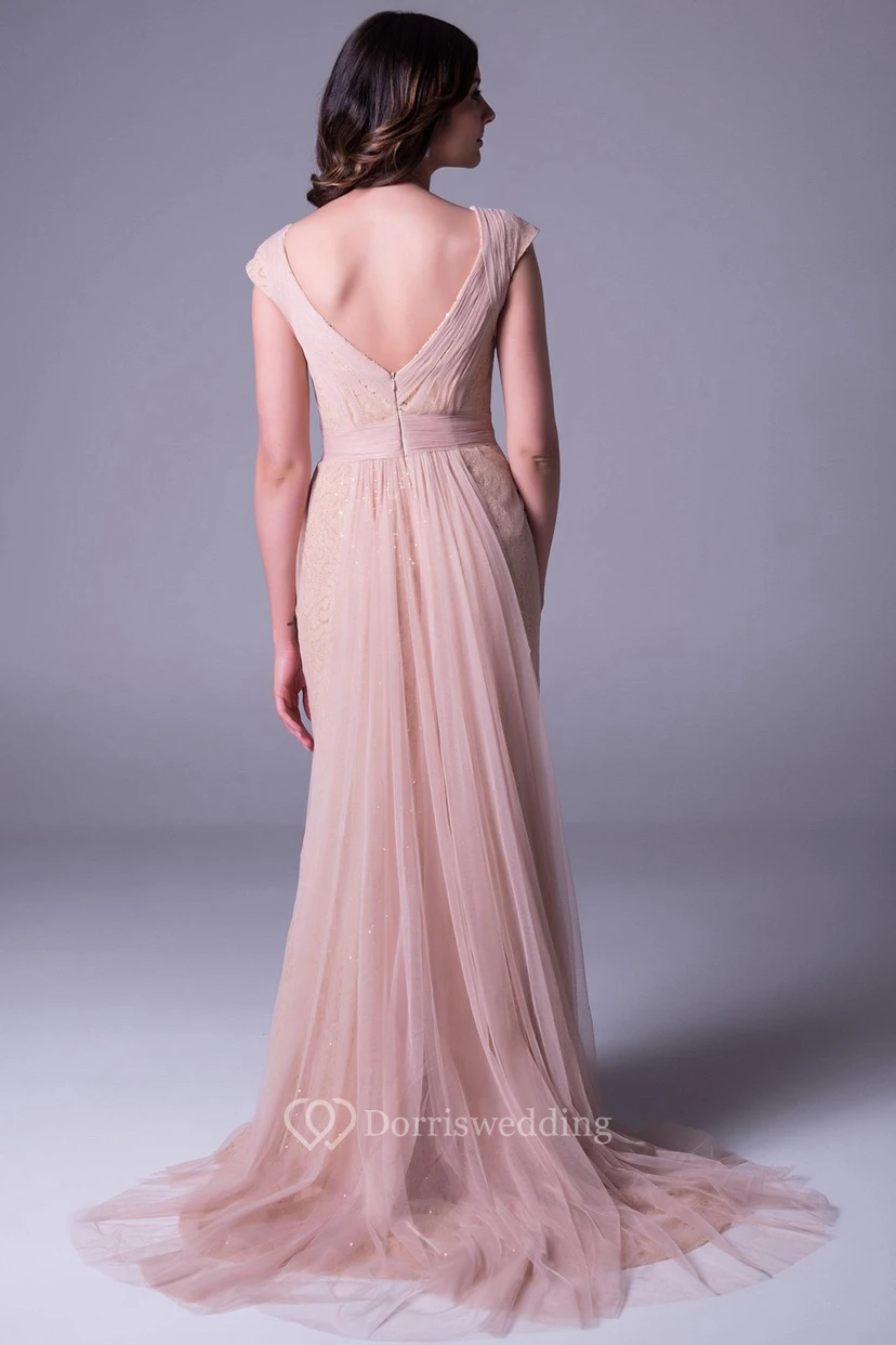 Sheath Maxi V-Neck Beaded Cap-Sleeve Tulle Prom Dress With Waist Jewellery view 2