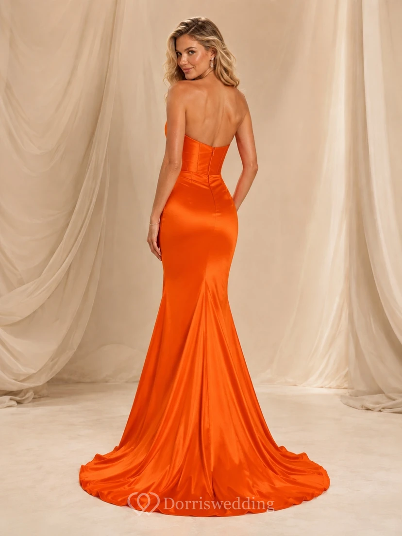 Orange Satin Strapless Sweetheart Mermaid Floor-Length Sweep Ruched Split Formal Gown view 2