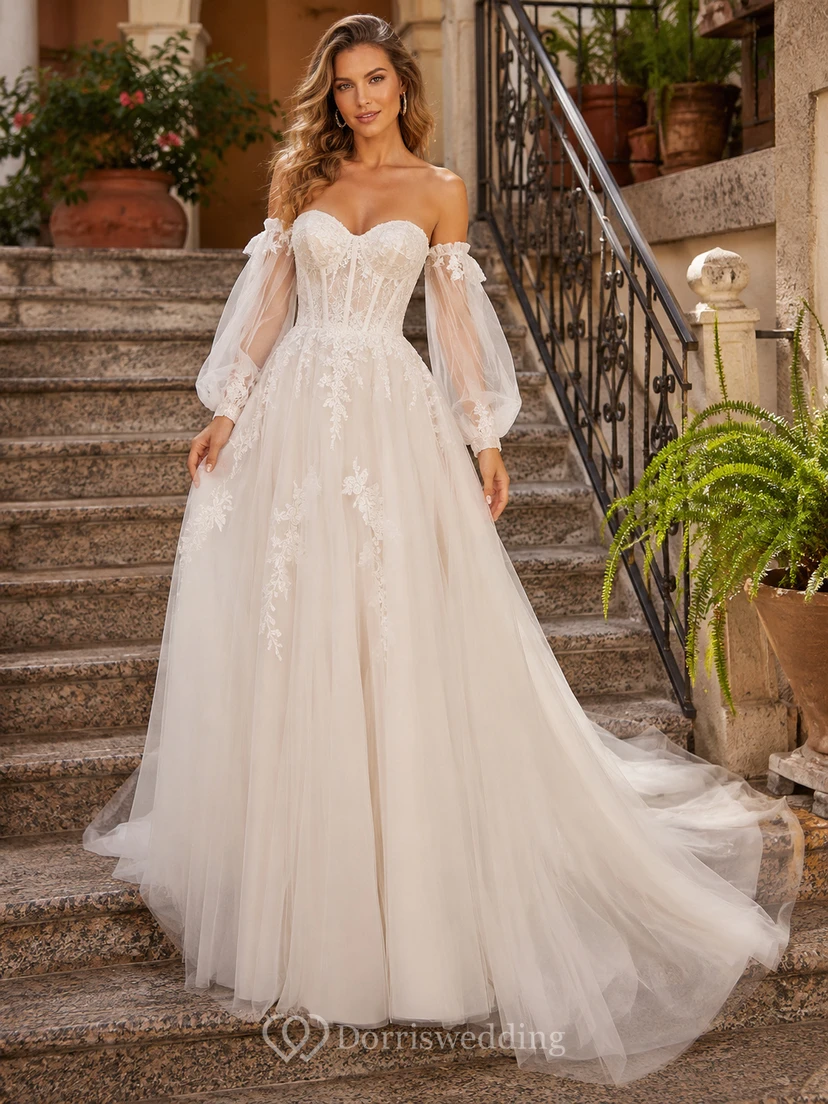 Romantisches schulterfreies A-Linien-Brautkleid mit langen Puffärmeln aus Spitze