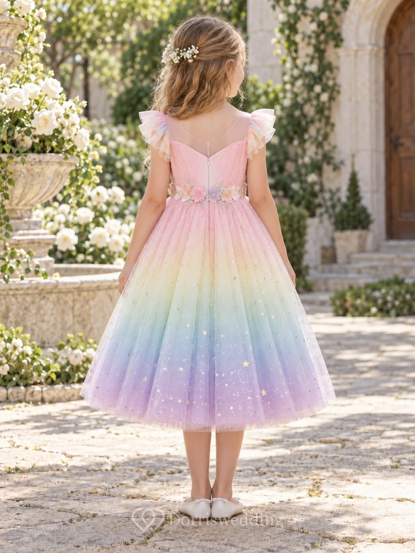 Tea-length Pastel Rainbow Star Flutter Sleeve Tulle Flower Girl Dress view 2