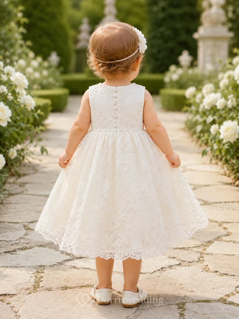 Sleeveless Baptism Dress A-Line Lace Tulle Jewel Neck Scalloped Hem view 2