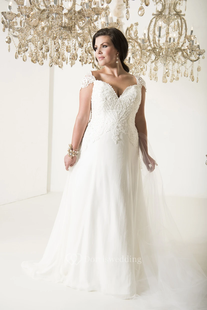 A-Line Floor-Length V-Neck Cap Tulle Chiffon Court Train Illusion Beading Dress