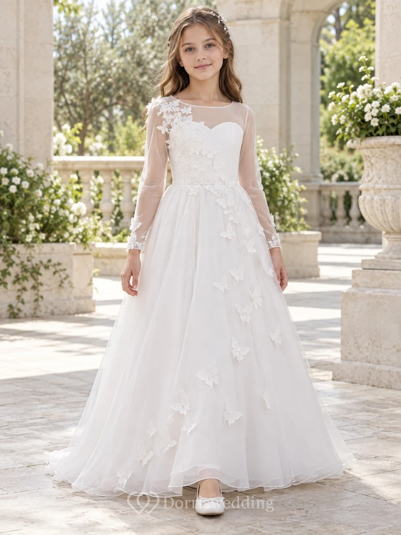 Long Sleeve White Illusion Butterfly Floor-length Organza Flower Girl Dress