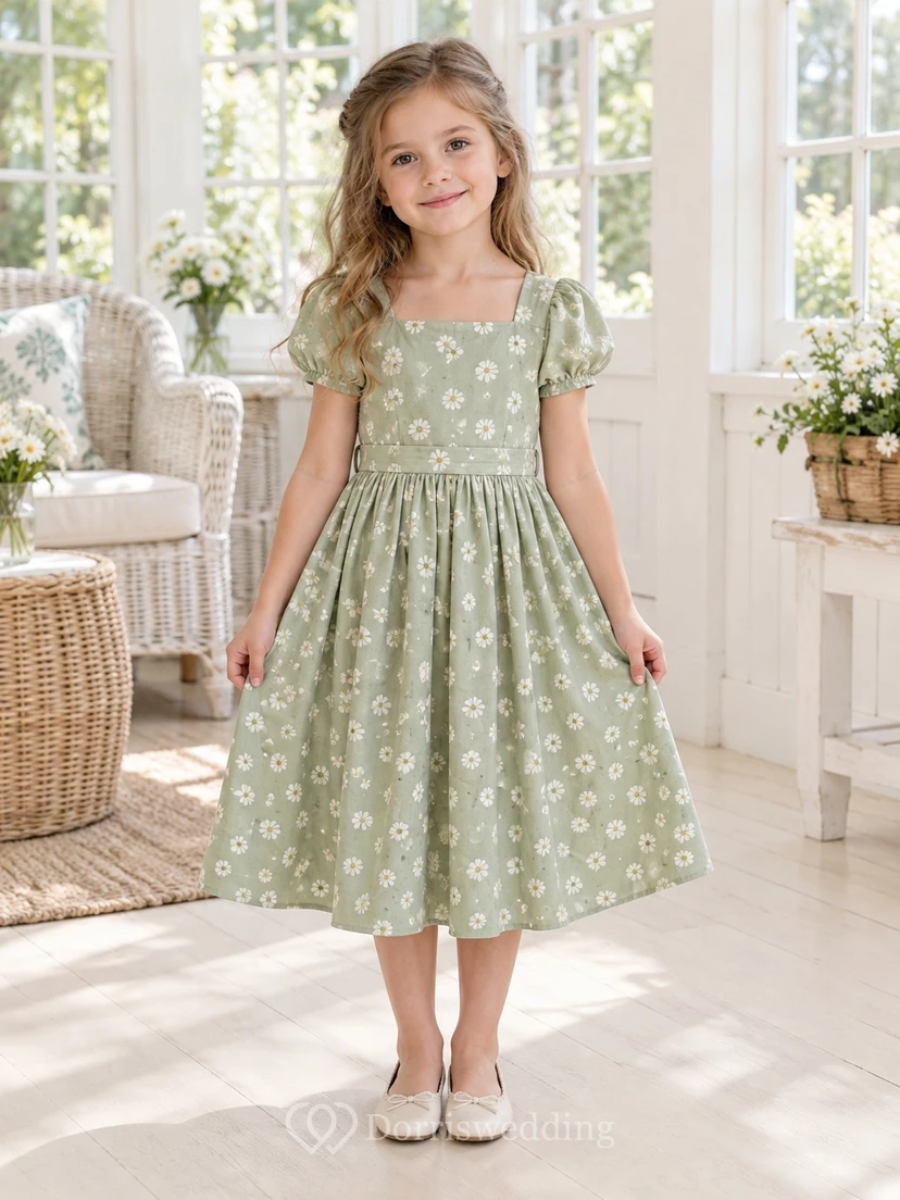Square Neck Tea-length Sage Floral Puff Sleeve Bow Cotton Flower Girl Dress