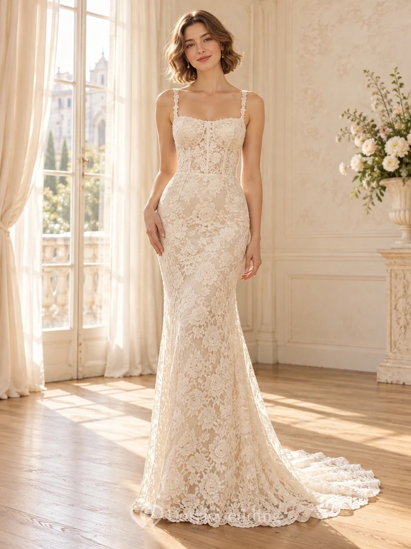 Mermaid Square Neck Thin Strap Allover Lace Wedding Dress
