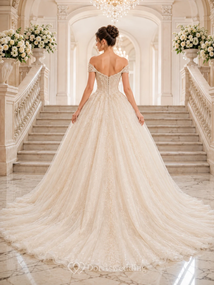 Robe de mariée romantique à épaules dénudées, manches courtes, dentelle appliquée, tulle, traîne chapelle view 2